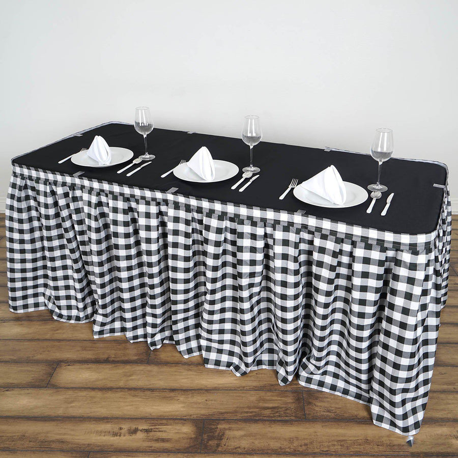 Checkered Table Skirt | 14FT | White/Black | Buffalo Plaid Gingham Polyester Table Skirts