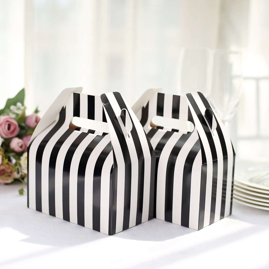 25 Pack | White / Black Striped Candy Gift Tote Gable Boxes, Party Favor Treat Bags