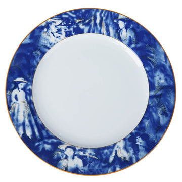 12 Pack | 11" White / Blue Break Resistant Porcelain Dinner Plates, Microwave Safe Plates With Vintage Art Nouveau Rim
