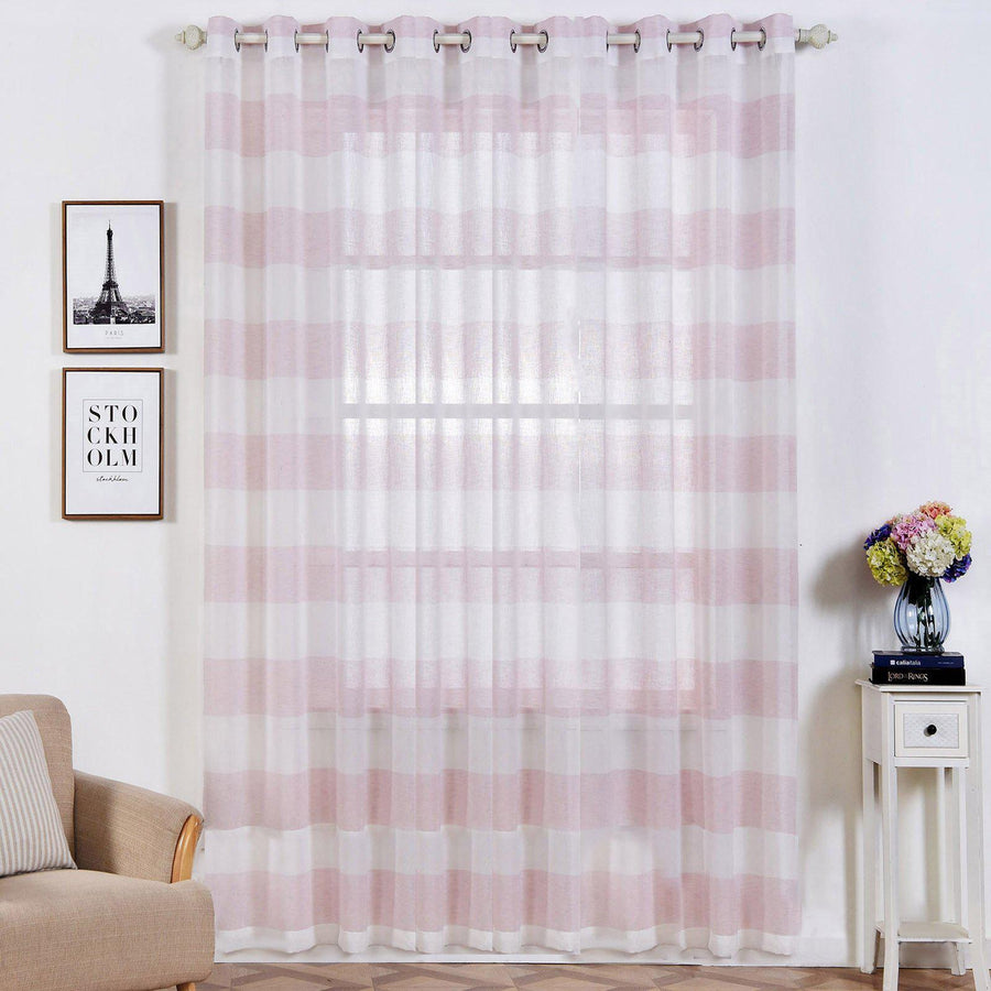 2 Pack | White/Blush Cabana Print Faux Linen Curtain Panels With Chrome Grommet 52x108inch
