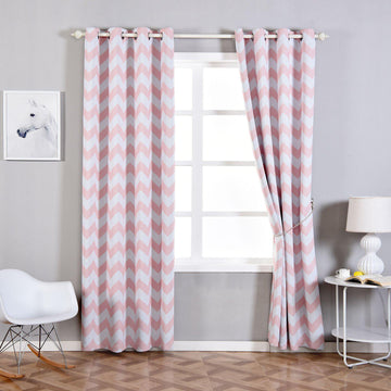 2 Pack White Blush Chevron Design Thermal Blackout Curtains With Chrome Grommet Window Treatment Panels - 52"x108"