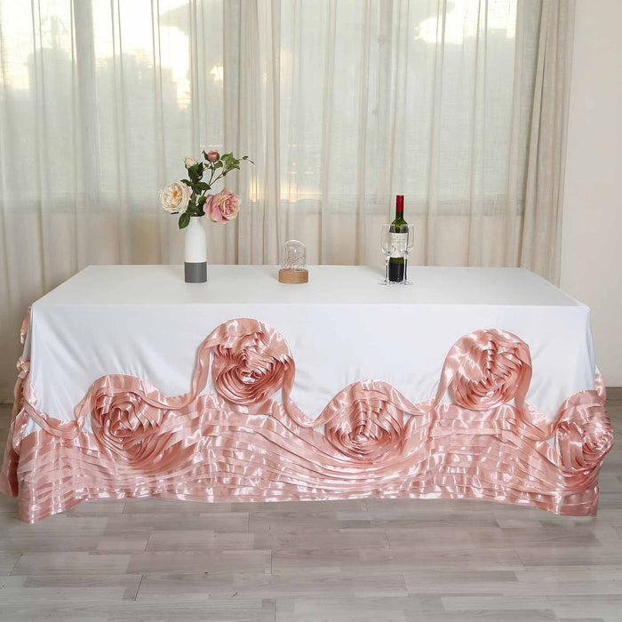 90"x156" White|Blush Large Rosette Rectangular Lamour Satin Tablecloth