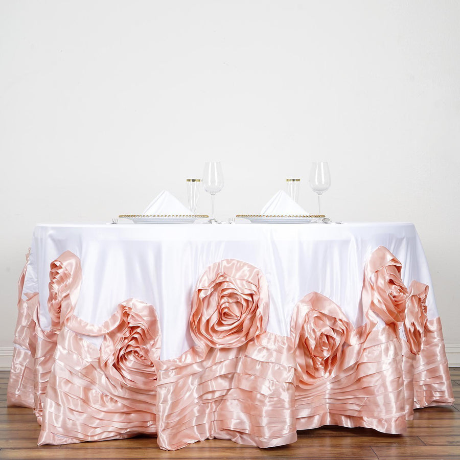 120 inch White | Blush Large Rosette Round Lamour Satin Tablecloth