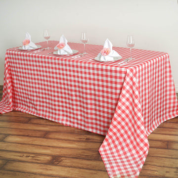 90"x156" | White/Coral Seamless Buffalo Plaid Rectangle Tablecloth, Checkered Polyester Tablecloth