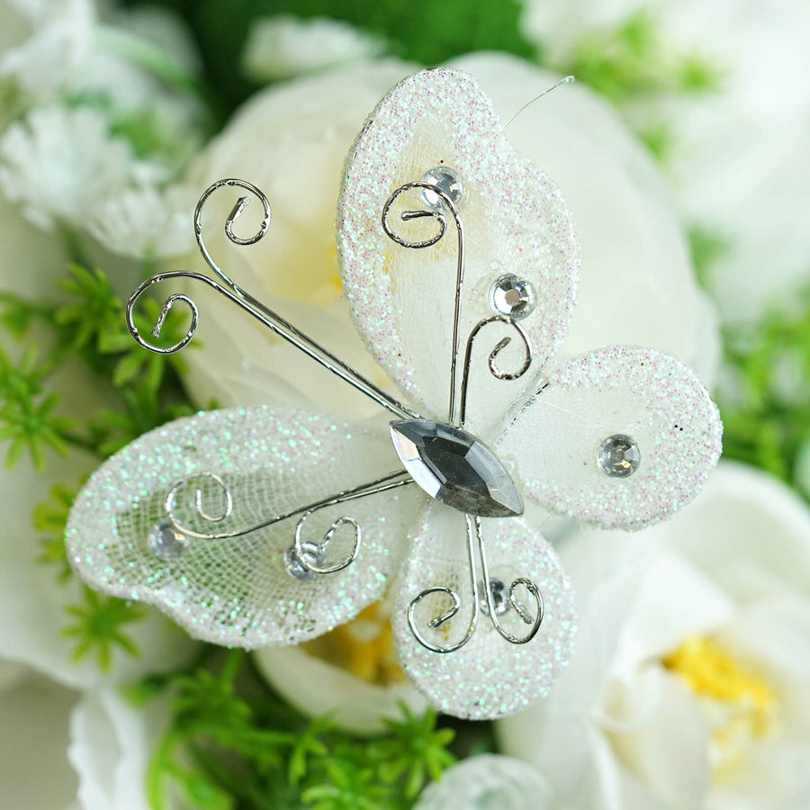 12 Pack | 2inch White Diamond Studded Wired Organza Butterflies
