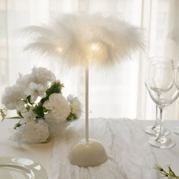 15" White Feather LED Table Lamp Wedding Centerpiece, Battery Operated Cordless Desk Light