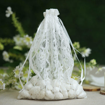 10 Pack | 6" White Floral Lace Drawstring Wedding Party Favor Gift Bag