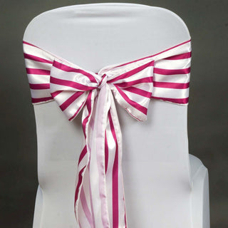 White / Fuchsia Satin Stripes Chair Sashes - Add a Touch of Elegance to Your Event