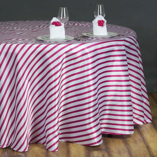 Elevate Your Event Decor with the 90" White/Fuchsia Seamless Satin Stripe Round Tablecloth