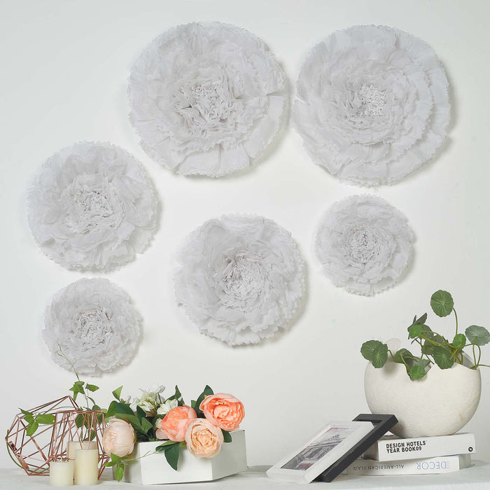 6 Multi Size Pack | Carnation White Dual Tone 3D Wall Flowers Giant Tissue Paper Flowers - 12",16",20"