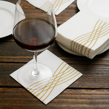 20 Pack | White / Gold Airlaid Linen-Feel Paper Cocktail Napkins, Premium Disposable Beverage Napkins With Gold Foil Wave Design