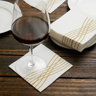 White / Gold Airlaid Linen-Feel Paper Cocktail Napkins - Elegant and Stylish