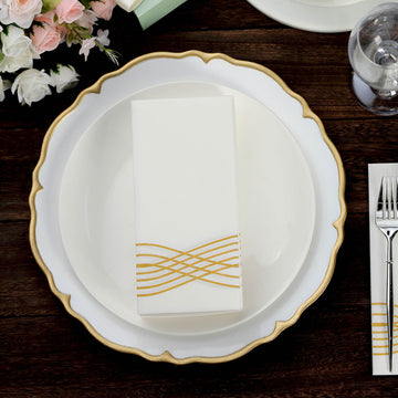 20 Pack | White / Gold Airlaid Soft Linen-Feel Paper Dinner Napkins, Disposable Hand Towels - Gold Foil Wave Design