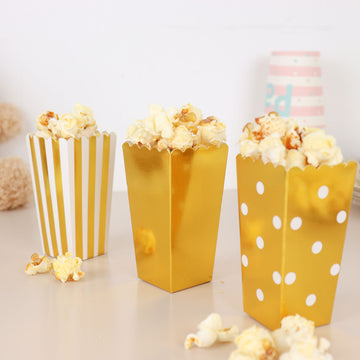 36 Pack | 4" White / Gold Design Mini Paper Popcorn Boxes, Candy Favor Disposable Bags - Stripe, Polka Dot, Solid Style