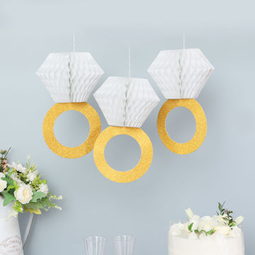 3 Pack | White/Gold Diamond Ring Hanging Party Supplies Decorations, Paper Honeycomb Bachelorette, Bridal Shower, Engagement and Wedding Decor - 11" Tall