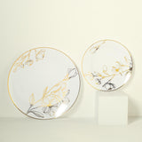 Set of 20 White Plastic Dinner Dessert Plates With Metallic Gold Floral Design, Disposable Round