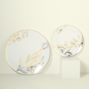 Set of 20 White Plastic Dinner Dessert Plates With Metallic Gold Floral Design, Disposable Round Party Plates - 10" / 7"