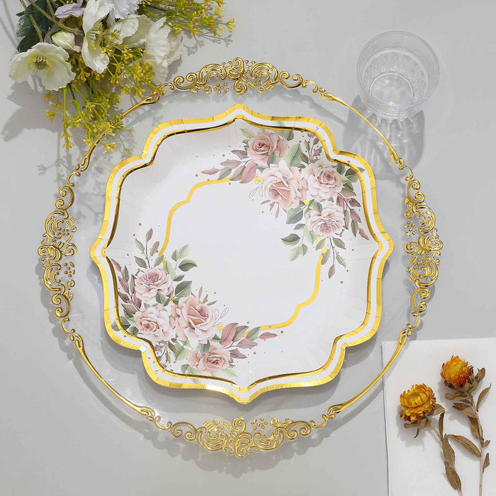 25 Pack | 10inch White / Gold Floral Scallop Rim Dinner Paper Plates, Disposable Party Plates