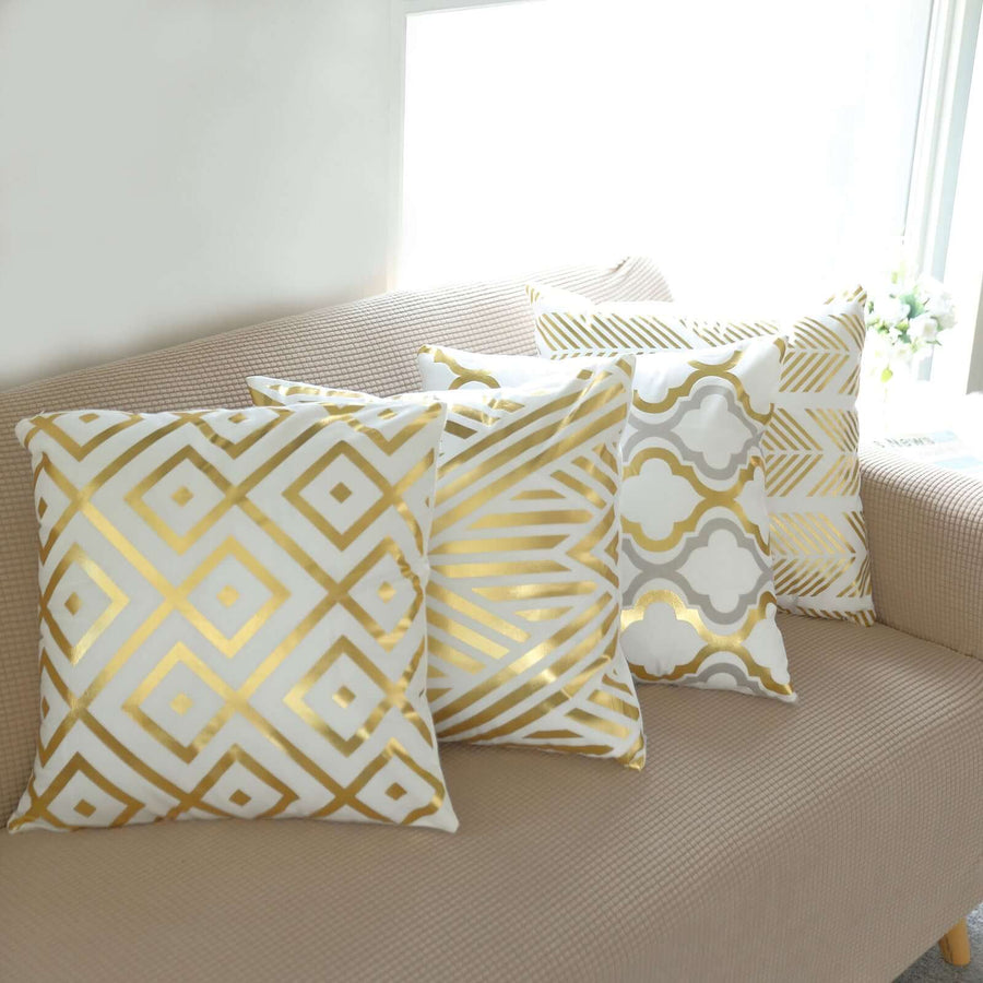 18inch White/Gold Foil Geometric Print Throw Pillow Covers, Velvet Square Sofa Cushion Covers