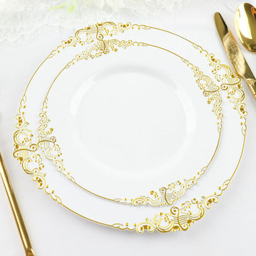 10 Pack 8" White Plastic Salad Plates With Gold Leaf Embossed Baroque Rim, Round Disposable Appetizer Dessert Plates