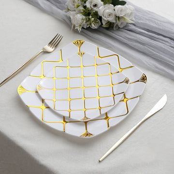 10 Pack | White/Gold 7" Plastic Square Salad Dessert Plates, Geometric Disposable Plates