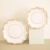 25 Pack | White/Gold 8" Scallop Rim Dessert Party Paper Plates, Disposable Appetizer Salad Plates - 300 GSM