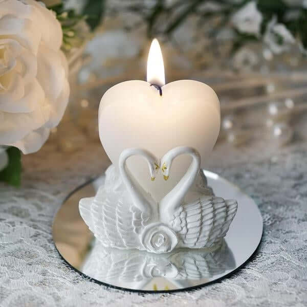 3" White Heart Candle and Swan Candle Holder Set Party Favors and Clear Favor Gift Box with Organza 