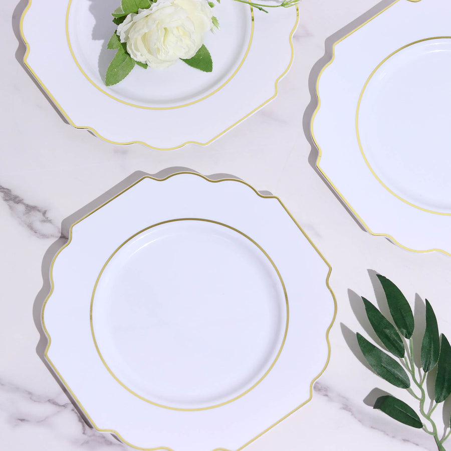 White 8inch Heavy Duty Plastic Dessert Salad Plates, Disposable Tableware, Baroque with Gold Rim