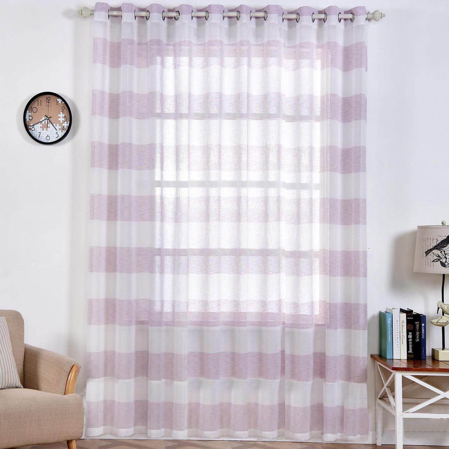 2 Pack | White/Lavender Lilac Cabana Print Faux Linen Curtain Panels