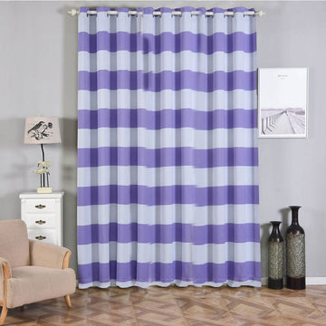 2 Pack White Lavender Lilac Cabana Stripe Thermal Blackout Curtains With Chrome Grommet Window Treatment Panels - 52"x108"