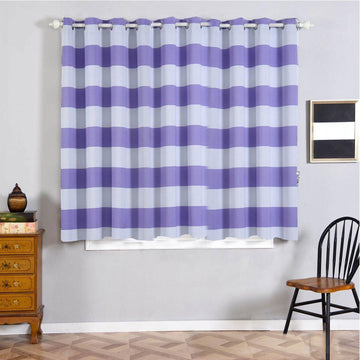 2 Pack | White/Lavender Lilac Cabana Stripe Thermal Blackout Curtains With Chrome Grommet Window Treatment Panels - 52"x64"
