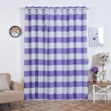 2 Pack | White/Lavender Lilac Cabana Stripe Thermal Blackout Curtains With Chrome Grommet Window Treatment Panels - 52"x96"