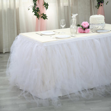 14ft White 4 Layer Tulle Tutu Pleated Table Skirt