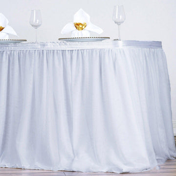 14ft White 2 Layer Tulle Tutu Table Skirt With Satin Attachment