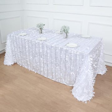 90"x132" White 3D Leaf Petal Taffeta Fabric Seamless Rectangle Tablecloth
