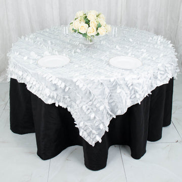 72"x72" White 3D Leaf Petal Taffeta Fabric Table Overlay