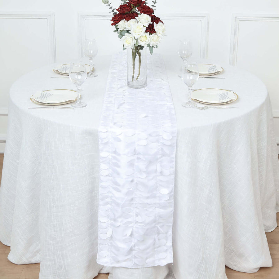 12x108inch White 3D Leaf Petal Taffeta Fabric Table Runner