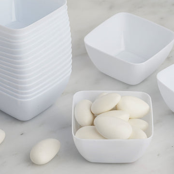 18 Pack | 2oz White Mini Square Plastic Candy Bowls, Disposable Desert Bowls