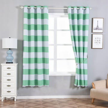 2 Pack | White/Mint Cabana Stripe Thermal Blackout Curtains With Chrome Grommet Window Treatment Panels - 52"x84"
