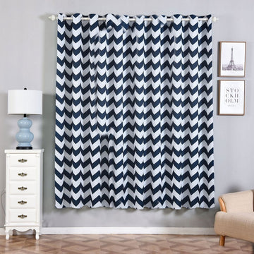 2 Pack | White/Navy Blue Chevron Design Thermal Blackout Curtains With Chrome Grommet Window Treatment Panels - 52"x84"
