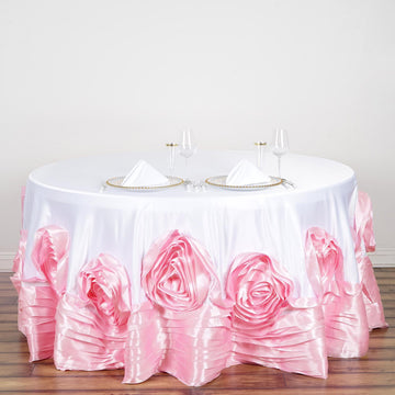 132" White / Pink Seamless Large Rosette Round Lamour Satin Tablecloth