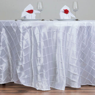 Elevate Your Event with the 120" White Pintuck Round Seamless Tablecloth