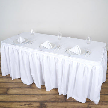14ft White Pleated Polyester Table Skirt, Banquet Folding Table Skirt