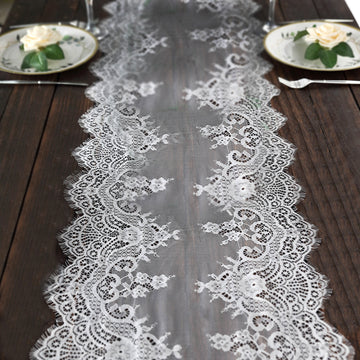 15"x117" White Premium Lace Table Runner, Vintage Classy Rustic Runner Decor With Scalloped Frill Edges
