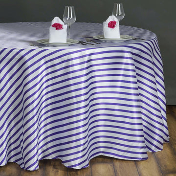 90" White/Purple Seamless Satin Stripe Round Tablecloth
