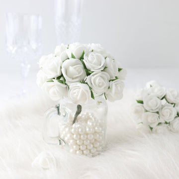 48 Roses | 1" White Real Touch Artificial DIY Foam Rose Flowers With Stem, Craft Rose Buds