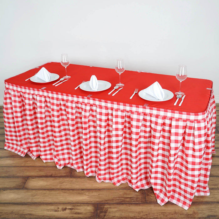 Checkered Table Skirt | 14FT | White/Red | Buffalo Plaid Gingham Polyester Table Skirts