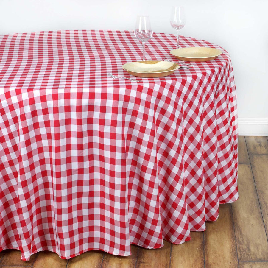 Buffalo Plaid Tablecloths | 108 Round | White/Red | Checkered Gingham Polyester Tablecloth