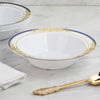 10 Pack | White Round 12oz Disposable Plastic Soup Bowl With Gold Vine and Royal Blue Rim