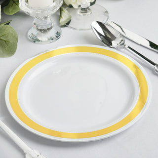 Elegant White 7" Round Gold and Silver Rim Plastic Dessert Plates - Perfect for Any Occasion